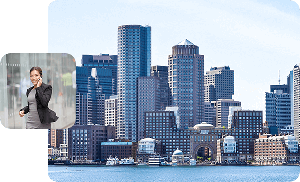 Left: Businesswoman walking and talking on phone; Right: portrait of the city Boston.