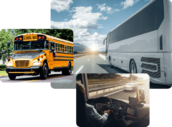 Left: School bus image, Top: Tour bus on road, Bottom: Picture of bus driver driving bus on road